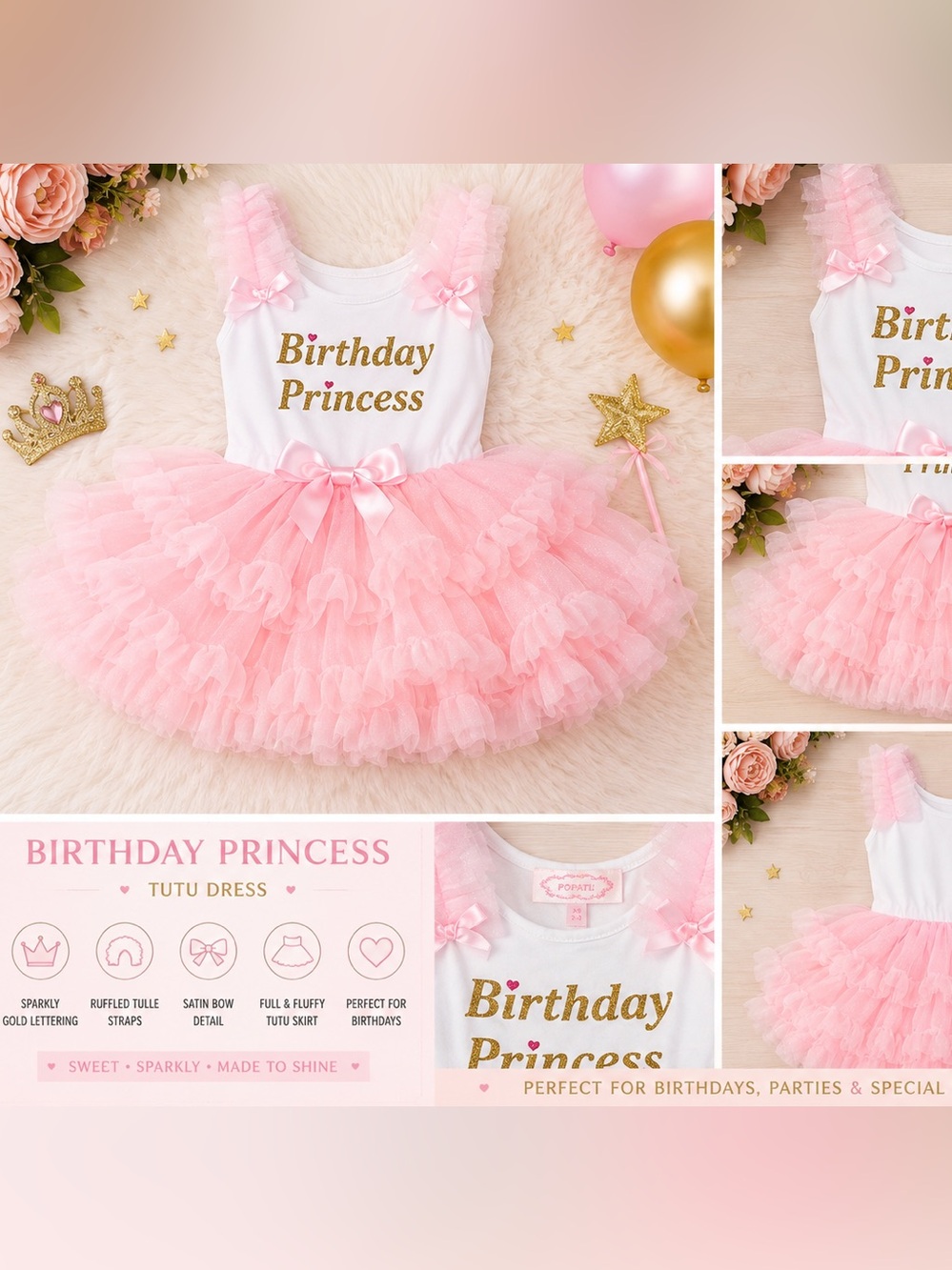 Popatu birthday tutu dress pink white size 2t 3t size 2-3